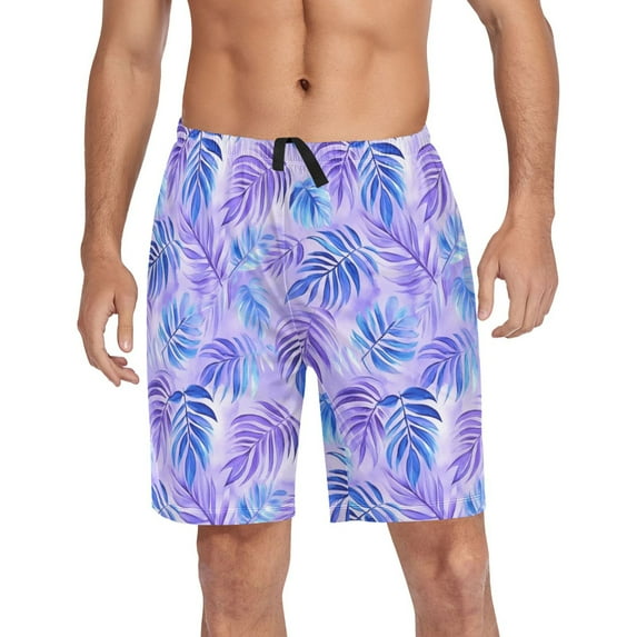Men's Pajama Shorts Bottoms with Pockets Soft Lightweight Lounge Sleep Wear Blue Purple Palm Leaves