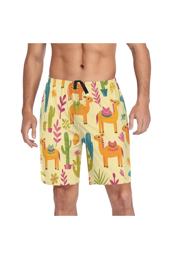 Men's Pajama Shorts Bottoms with Pockets Soft Lightweight Lounge Sleep Wear Cactus Camel Leaf