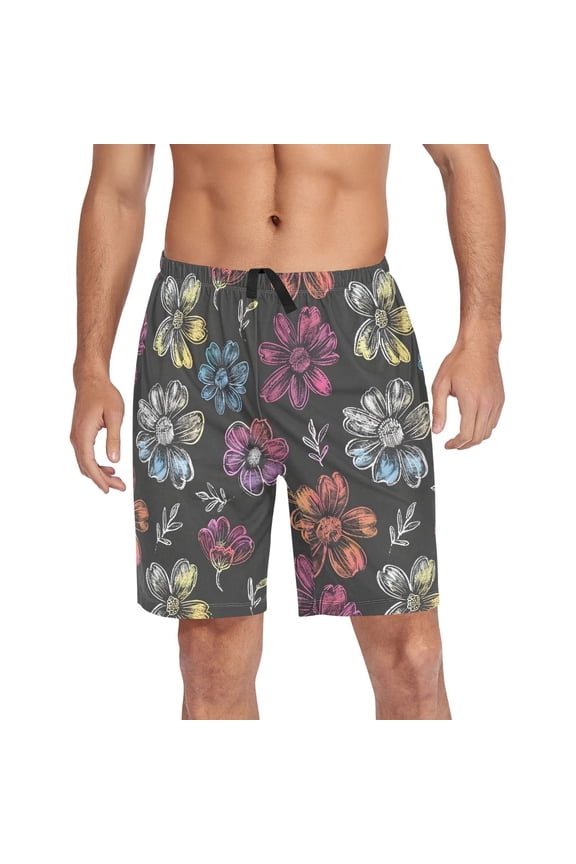 Men's Pajama Shorts Bottoms with Pockets Soft Lightweight Lounge Sleep Wear Chalk Paint Flowers