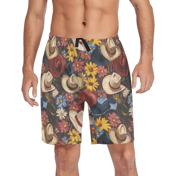 Men's Pajama Shorts Bottoms with Pockets Soft Lightweight Lounge Sleep Wear Colorful Hats Flowers
