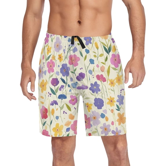 Men's Pajama Shorts Bottoms with Pockets Soft Lightweight Lounge Sleep Wear Colorful Watercolor Floral