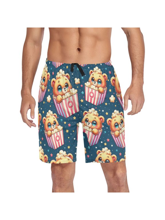 Men's Pajama Shorts Bottoms with Pockets Soft Lightweight Lounge Sleep Wear Cute Bear in Popcorn