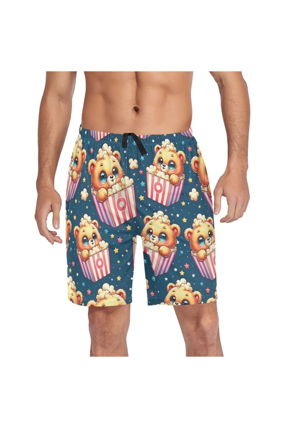 Men's Pajama Shorts Bottoms with Pockets Soft Lightweight Lounge Sleep Wear Cute Bear in Popcorn