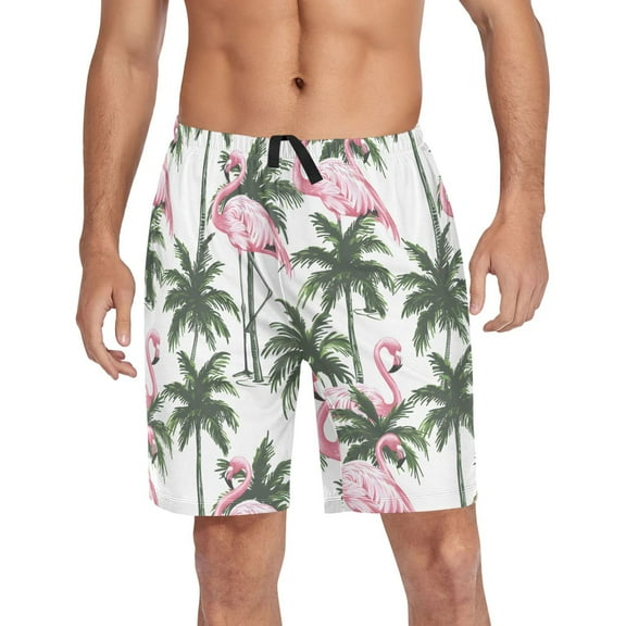 Men's Pajama Shorts Bottoms with Pockets Soft Lightweight Lounge Sleep Wear Flamingos and Palm Trees
