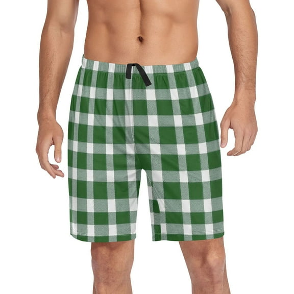 Men's Pajama Shorts Bottoms with Pockets Soft Lightweight Lounge Sleep Wear Green Gingham Pattern