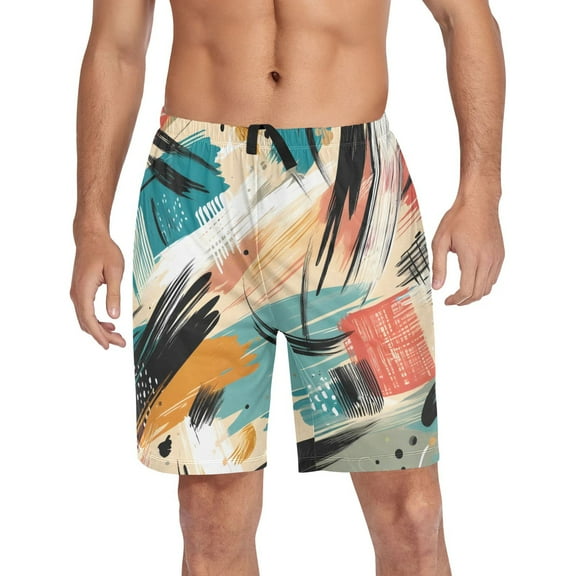 Men's Pajama Shorts Bottoms with Pockets Soft Lightweight Lounge Sleep Wear Hand Drawn Brush Strokes