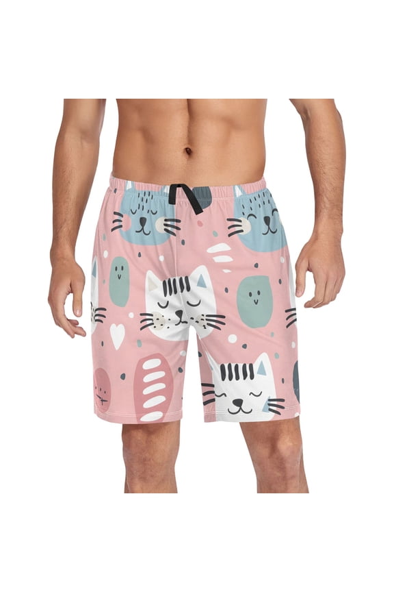 Men's Pajama Shorts Bottoms with Pockets Soft Lightweight Lounge Sleep Wear Hand Drawn Cute Cat