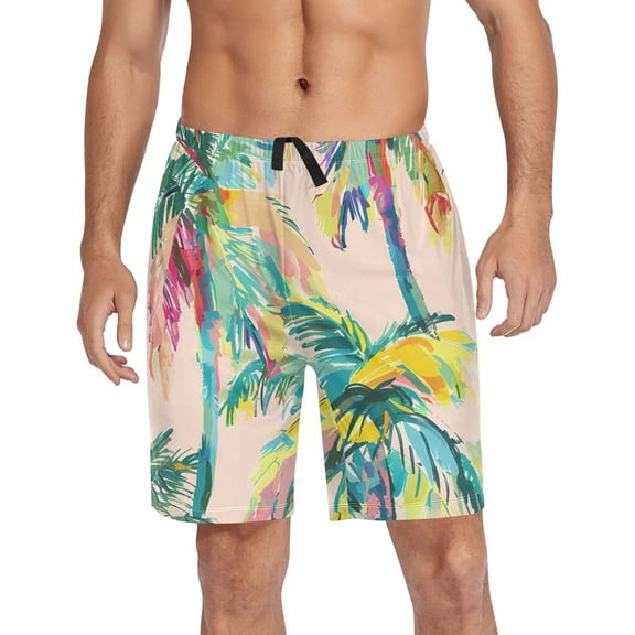 Men's Pajama Shorts Bottoms with Pockets Soft Lightweight Lounge Sleep Wear Hand Painted Palm Tree