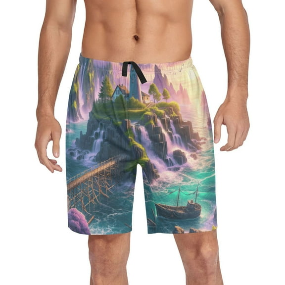 Men's Pajama Shorts Bottoms with Pockets Soft Lightweight Lounge Sleep Wear Lighthouse on Island and Bridge