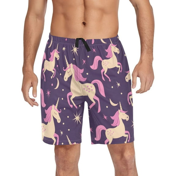 Men's Pajama Shorts Bottoms with Pockets Soft Lightweight Lounge Sleep Wear Magic Unicorn and Star