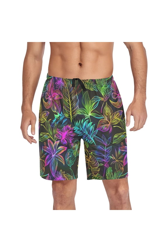Men's Pajama Shorts Bottoms with Pockets Soft Lightweight Lounge Sleep Wear Neon Leaf