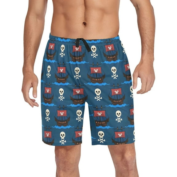Men's Pajama Shorts Bottoms with Pockets Soft Lightweight Lounge Sleep Wear Pirate Ship and Skull