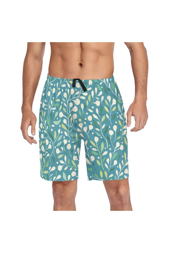 Men's Pajama Shorts Bottoms with Pockets Soft Lightweight Lounge Sleep Wear Plant and Leaves