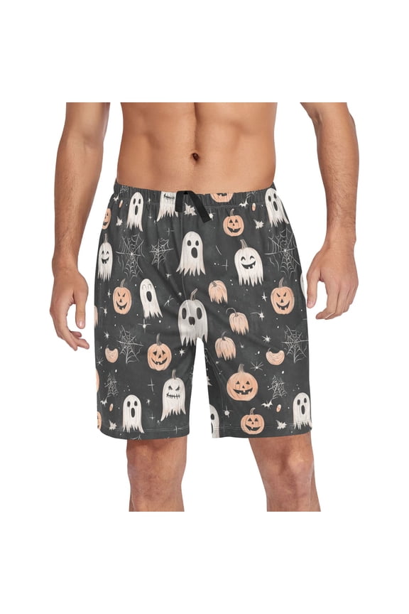 Men's Pajama Shorts Bottoms with Pockets Soft Lightweight Lounge Sleep Wear Pumpkin Ghost Spiderweb