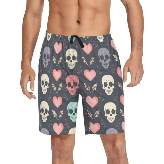 Men's Pajama Shorts Bottoms with Pockets Soft Lightweight Lounge Sleep Wear Skull Head and Leaf