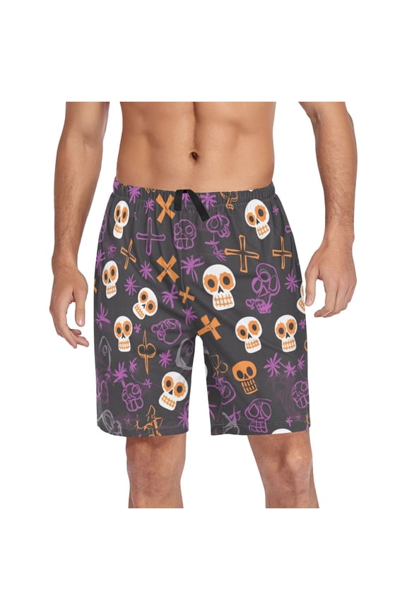 Men's Pajama Shorts Bottoms with Pockets Soft Lightweight Lounge Sleep Wear Skulls Crosses Plants