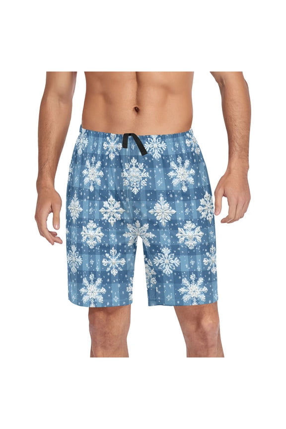 Men's Pajama Shorts Bottoms with Pockets Soft Lightweight Lounge Sleep Wear Snowflakes on Checkerboard