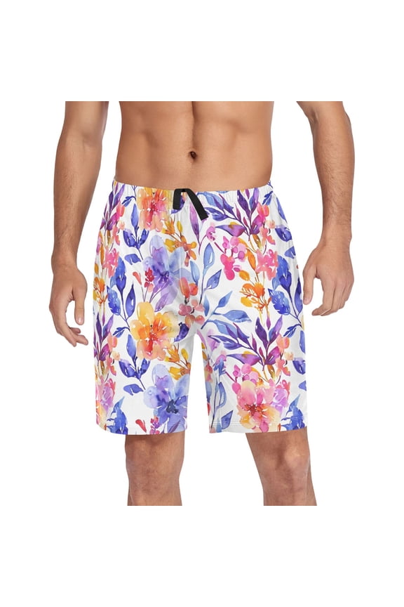 Men's Pajama Shorts Bottoms with Pockets Soft Lightweight Lounge Sleep Wear Watercolor Leaves