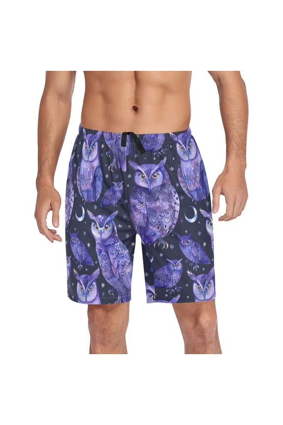 Men's Pajama Shorts Bottoms with Pockets Soft Lightweight Lounge Sleep Wear Watercolor Owls and Moon
