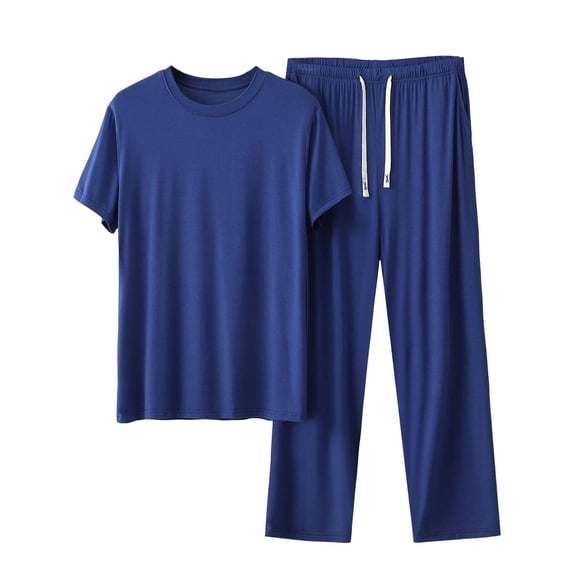 Men's Pajamas Cotton 2 Piece Short Sleeve T-shirt and Drawstring Long Pant Sets Soft Summer Pjs Sleepwear