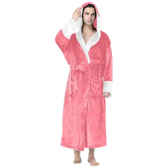 Men's Pajamas Fuzzy Hooded Robe Casual Warm Bathrobe Long Sleeve Solid Patchwork Warm Home Wear Heavyweight Men's Sleepwear Pink M
