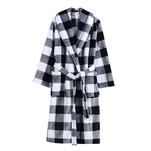 Men's Pajamas Relaxed Fit Plaid Fuzzy Bathrobe Fall Winter Warm Long Sleeve Nightwear Casual Home Wear Men's Sleepwear Grey One Size