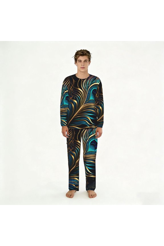 Men's Pajamas Set Comfy Lounge Two Piece Long Sleeve Pjs Soft Sleepwear, Peacock Feathers Peafowl