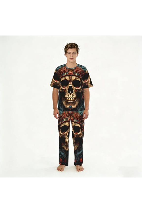 Men's Pajamas Set Crew Neck Loungewear Sleepwear Short Sleeve Top Pants Pj Sets, Skull Indian Chief Black