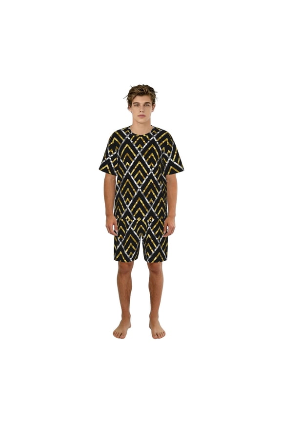 Men's Pajamas Set Short Sleeve Top Pants Soft Sleepwear Loungewear Pjs Sets, Golden Sequin Glitter Geometric