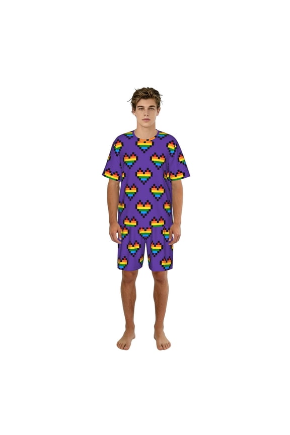 Men's Pajamas Set Short Sleeve Top Pants Soft Sleepwear Loungewear Pjs Sets, Rainbow Heart Pixel Art LGBT
