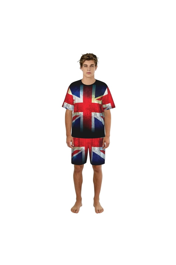 Men's Pajamas Set Short Sleeve and Shorts 2 Piece PJ Sets Soft Loungewear, Union Jack United Kingdom Flag Vintage