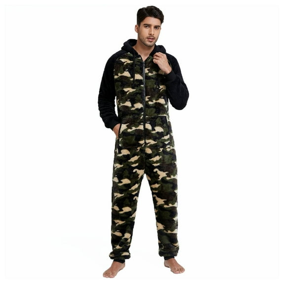 Men's Pajamas Zipper Fuzzy Hood Union Suits Fall Winter Warm Long Sleeve Cloud Like Nightwear Relaxed Fit Lounge Wear