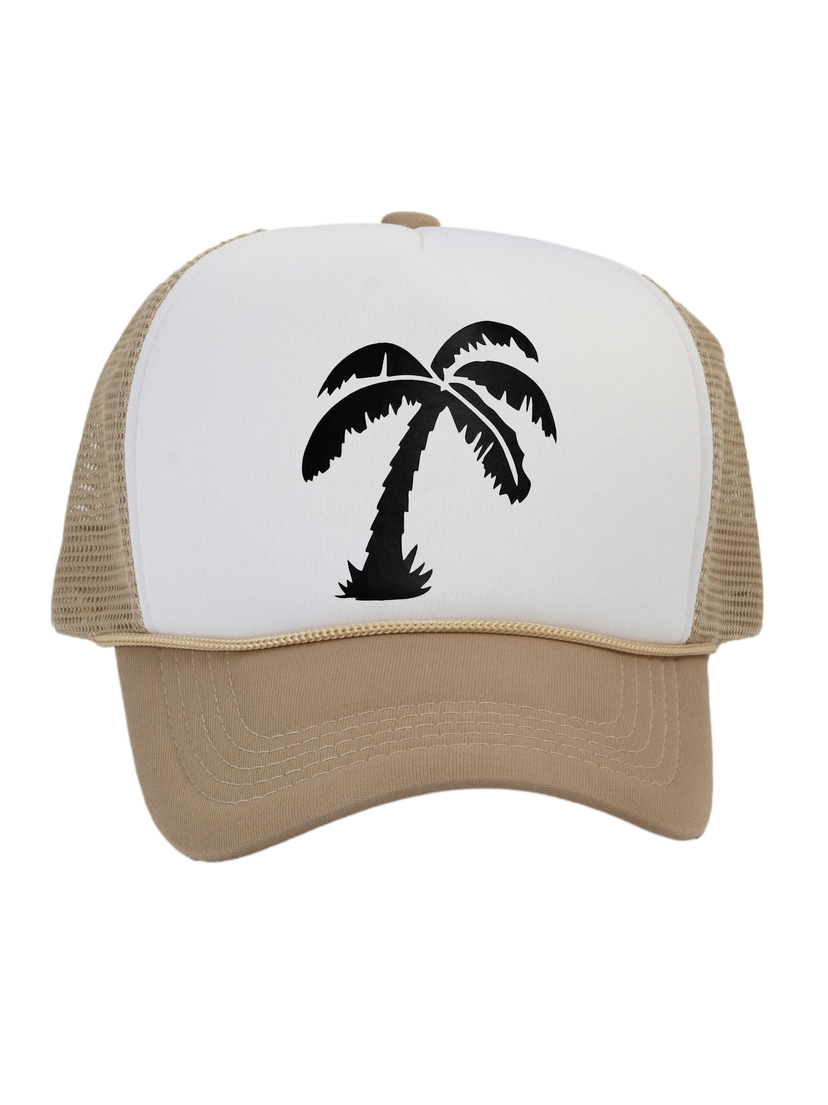 Men's Palm Tree Cap Snapback Trucker Hat, White/Beige