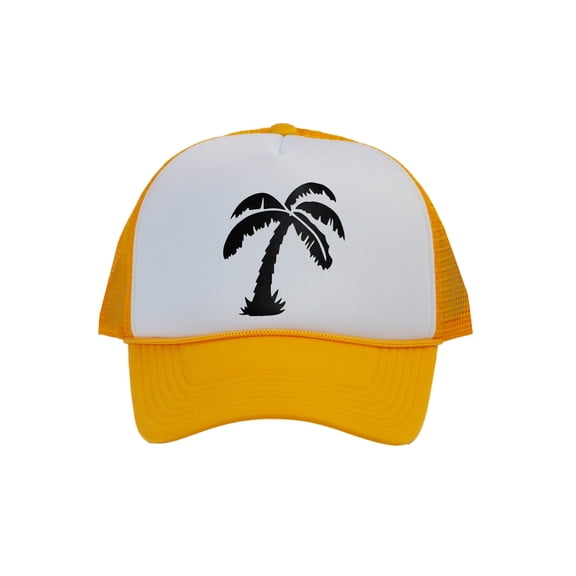 Men's Palm Tree Cap Snapback Trucker Hat, White/Gold