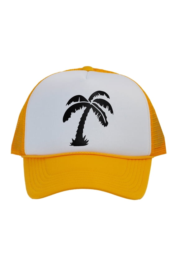 Men's Palm Tree Cap Snapback Trucker Hat, White/Gold