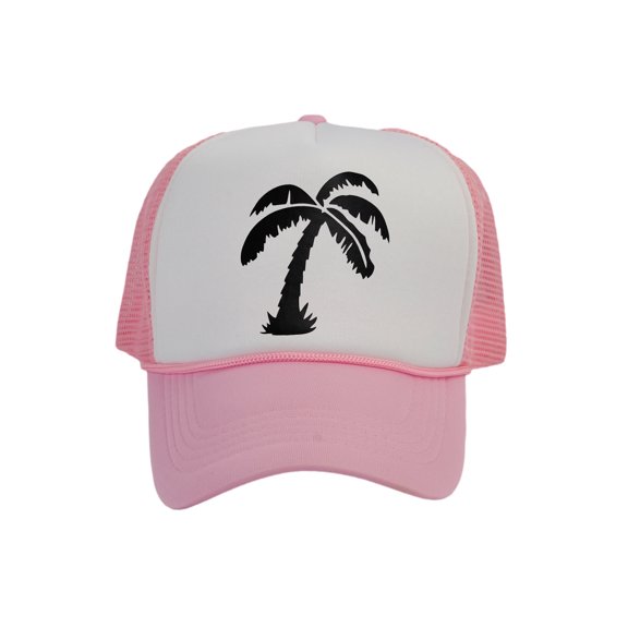 Men's Palm Tree Cap Snapback Trucker Hat, White/Light Pink