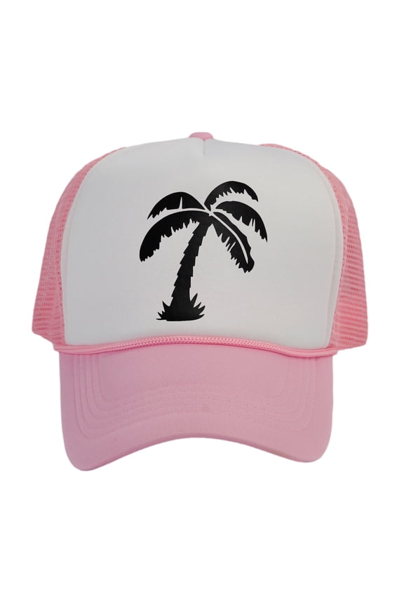Men's Palm Tree Cap Snapback Trucker Hat, White/Light Pink