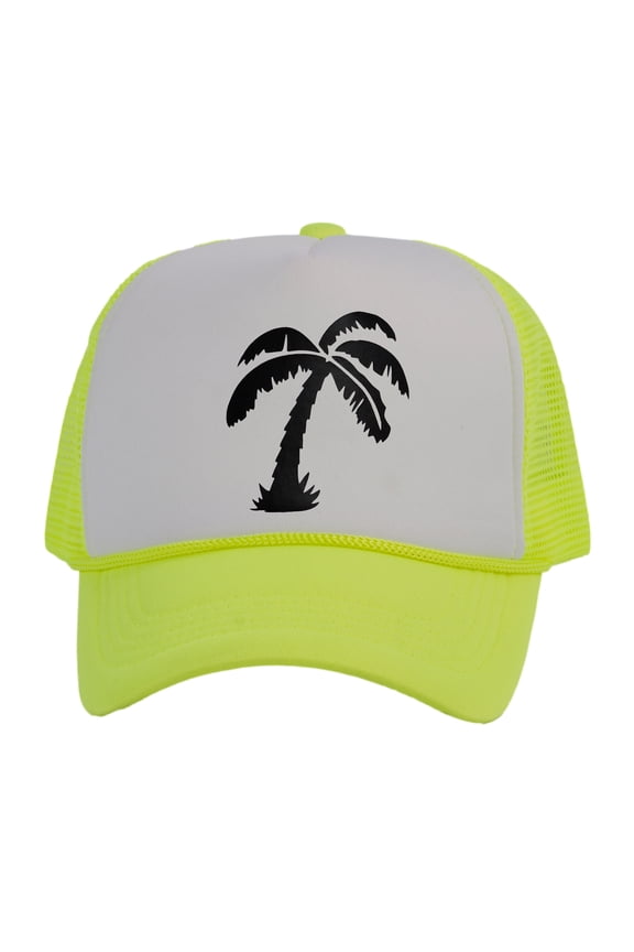 Men's Palm Tree Cap Snapback Trucker Hat, White/Neon Yellow