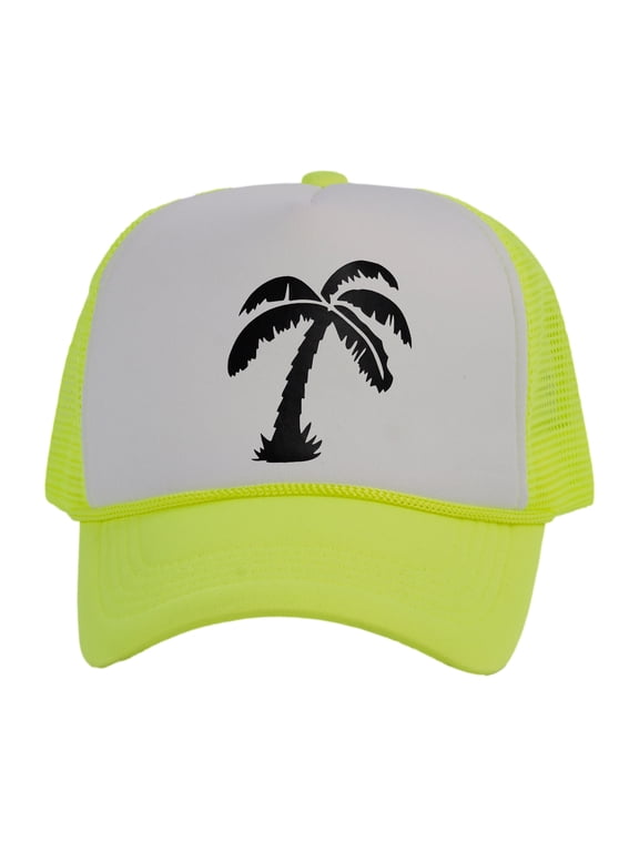 Men's Palm Tree Cap Snapback Trucker Hat, White/Neon Yellow