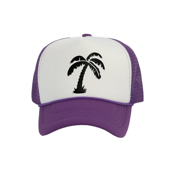 Men's Palm Tree Cap Snapback Trucker Hat, White/Purple
