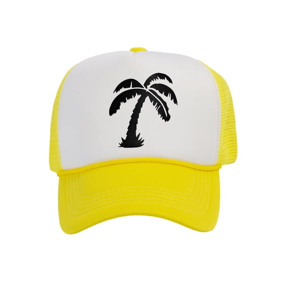 Men's Palm Tree Cap Snapback Trucker Hat, White/Yellow