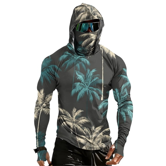 Men's Palm Tree Graphic Compression Hoodie, UPF 50+ Quick Dry Long Sleeve Sun Shirt with Face Mask, Slim Fit UV Protection Outdoor Fishing Hiking Tops