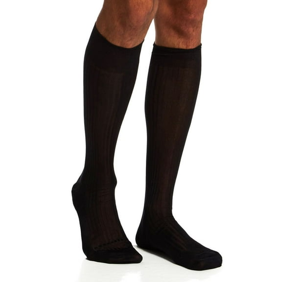 Men's Pantherella 6715 Luxury 100% Pure Silk 5x3 Rib Over The Calf Sock (Black M)