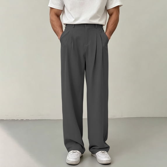 Men's Pants Cargo Big and Tall Solid Color Summer Button Down Pleated Wide Leg Trousers with Pockets