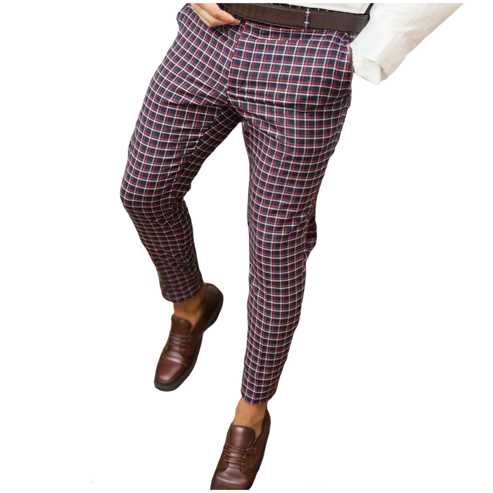 Men's Pants Casual Plaid Print Pencil Zipper Elastic Waist Trousers ...