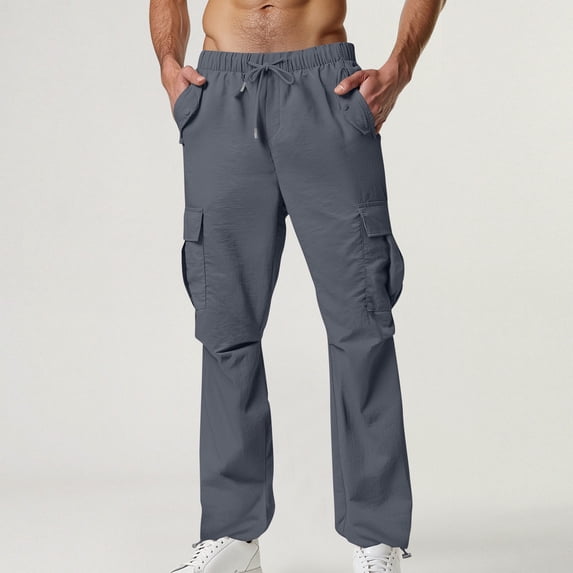 Men's Pants Clearance Cargo Under $10 Elastic Waist Casual Sport Pocket Drawstring Solid Color Elastic Waist Cargo Pants