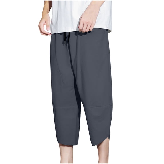 Men's Solid Color Capri Pants, Lightweight Baggy 3/4 Shorts Drawstring Elastic Waist Beach Yoga Pants with Pockets