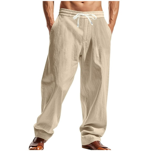 Mens Linen Pants Casual Summer Beach Pants Elastic Waist Drawstring Lightweight Vacation Trousers with Pockets