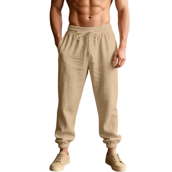 Men's Pants Cotton Linen Yoga Golf Summer Beach Jogger Loose Fit Sweat Lounge Harem Pants Trousers Size 2XL Khaki