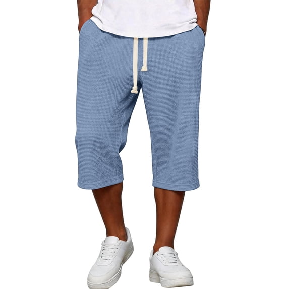 Men's Pants Elastic Waist Drawstring 3/4 Length Solid Textured Knit Loose Soft Breathable Summer Bottoms for Gym Workout Weekend Outings and Active Days Blue XL